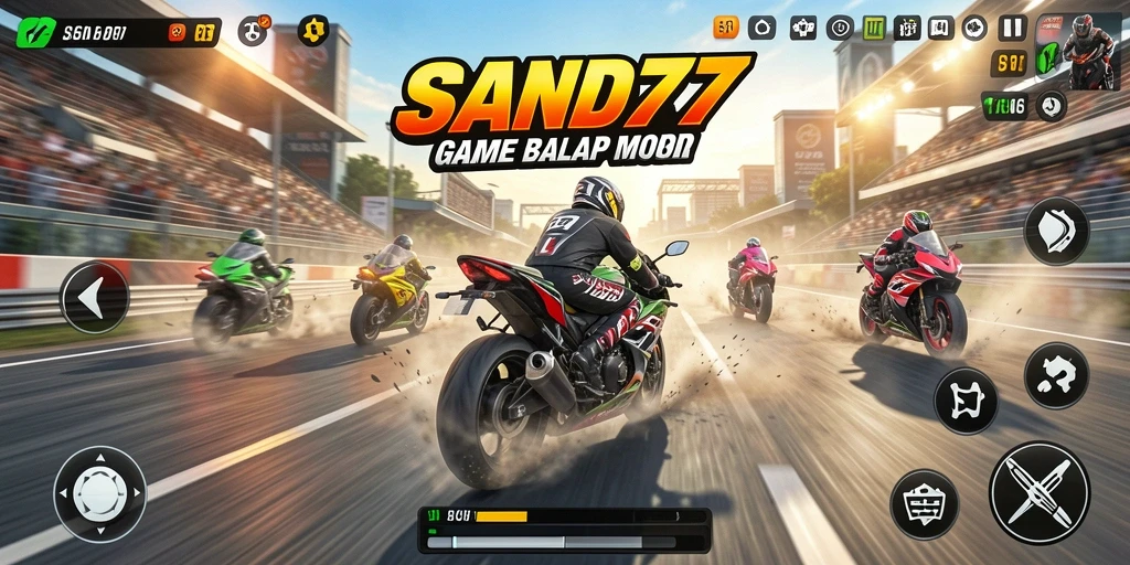 Tampilan gameplay SAND77 dengan balapan motor yang mendebarkan.