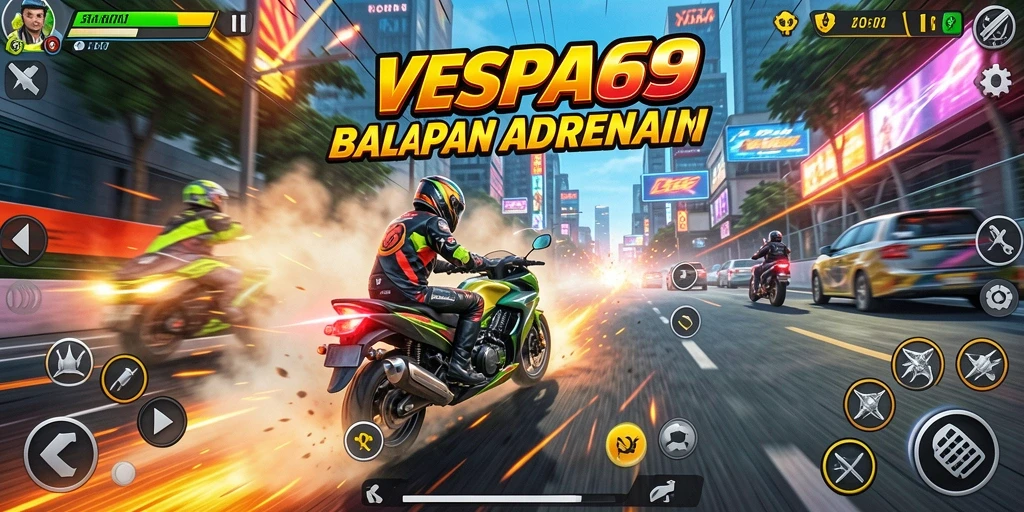 Gameplay VESPA69 dengan balapan motor yang mendebarkan.